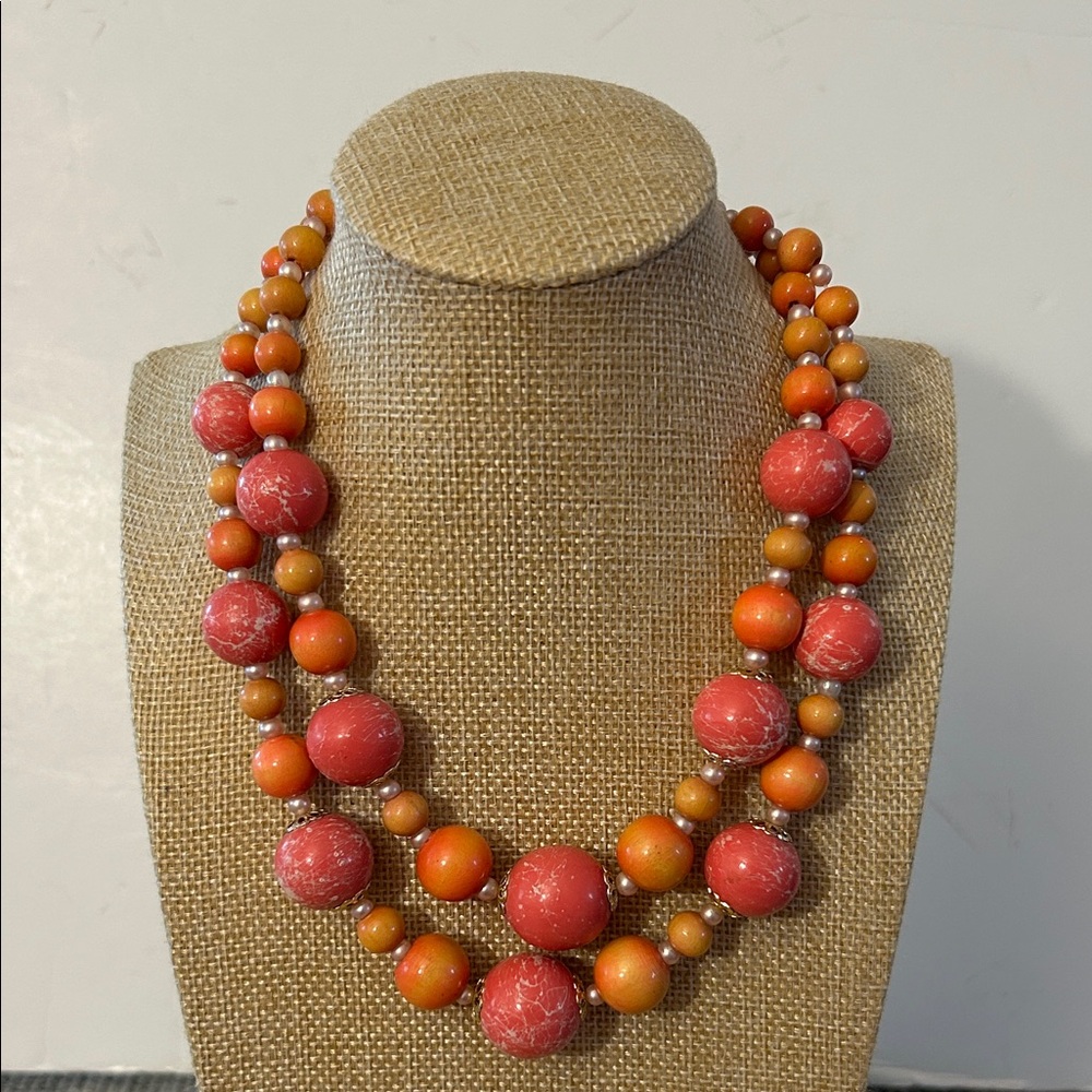 Japan Necklace Orange pink chunky Beaded Necklace with mini pearls vintage